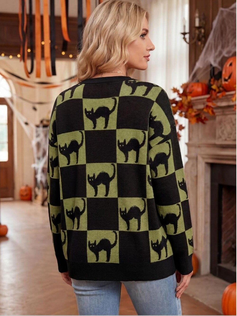 New Black Cat Halloween Sweater Women’s Small Army Green Black Checkered Soft Kn - Picture 4 of 8